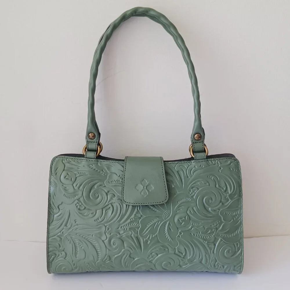 Patricia Nash Rienzo Burnish Tooled Leather Shoulder Handbag Green Sage